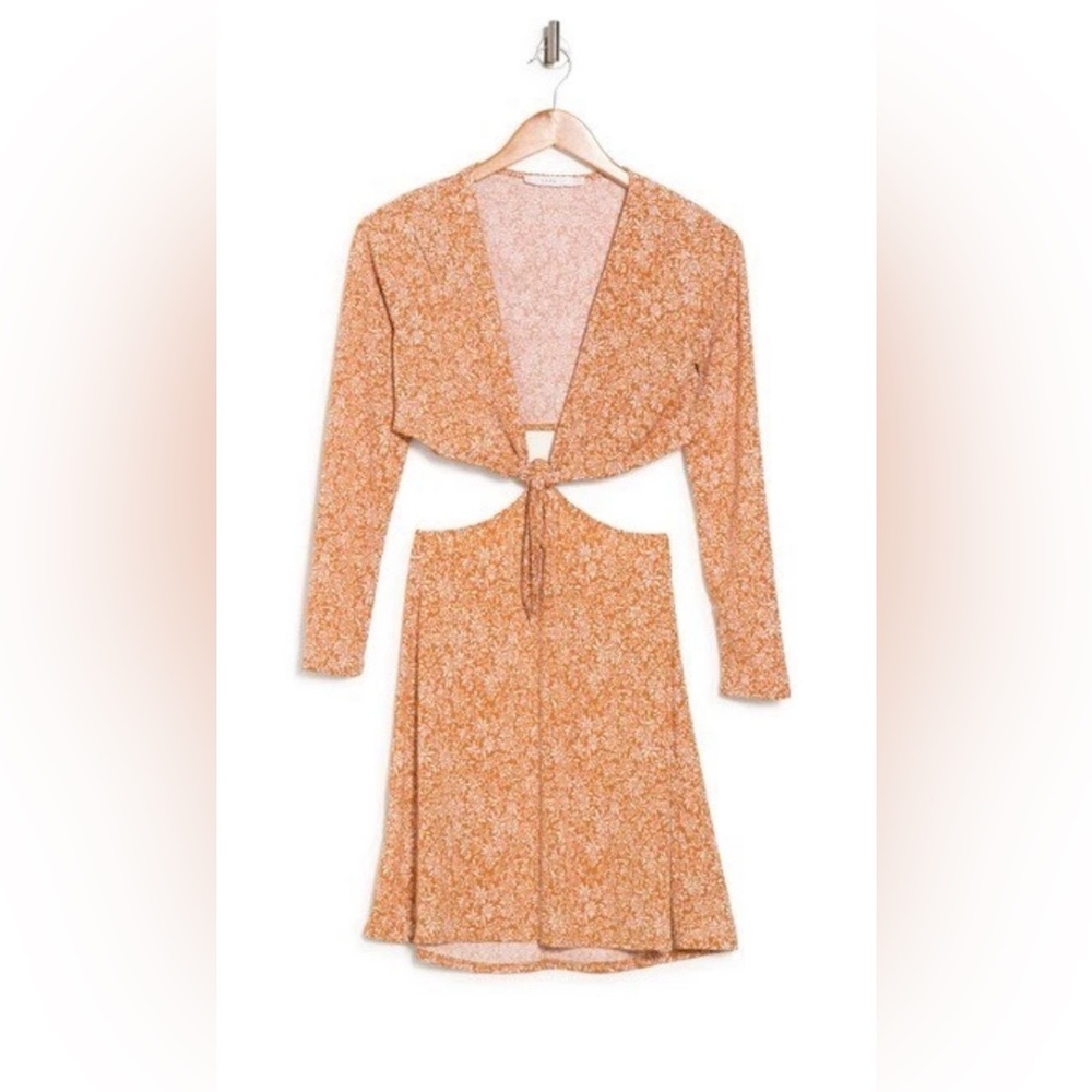 Lush-V-NECK TIE FRONT CUTOUT LONG SLEEVE DRESS-Women’s Size: S-Mustard-NEW!!